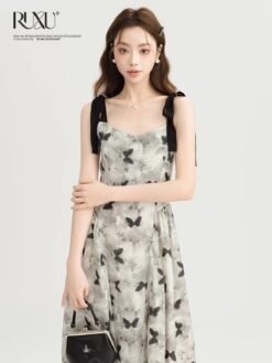 RUXU Butterfly Print Tie-Strap Midi Dress