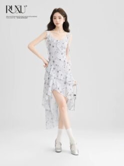 RUXU Ruffled Floral Print Midi Dress