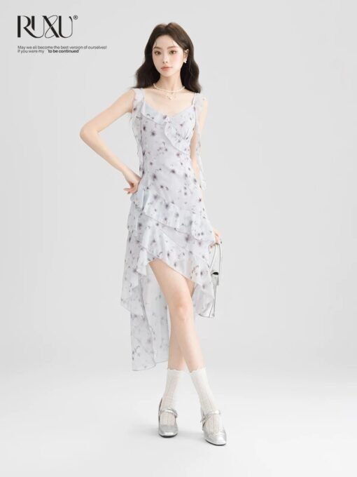 RUXU Ruffled Floral Print Midi Dress